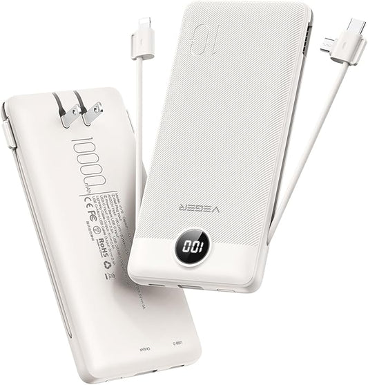 VEGER Portable Charger for iPhone with Built in Cables and Wall Plug, 10000mah Slim Fast Charging USB C Power Bank, Travel Essential Battery Pack Compatible with iPhone, iPad, Samsung etc(Coffee)