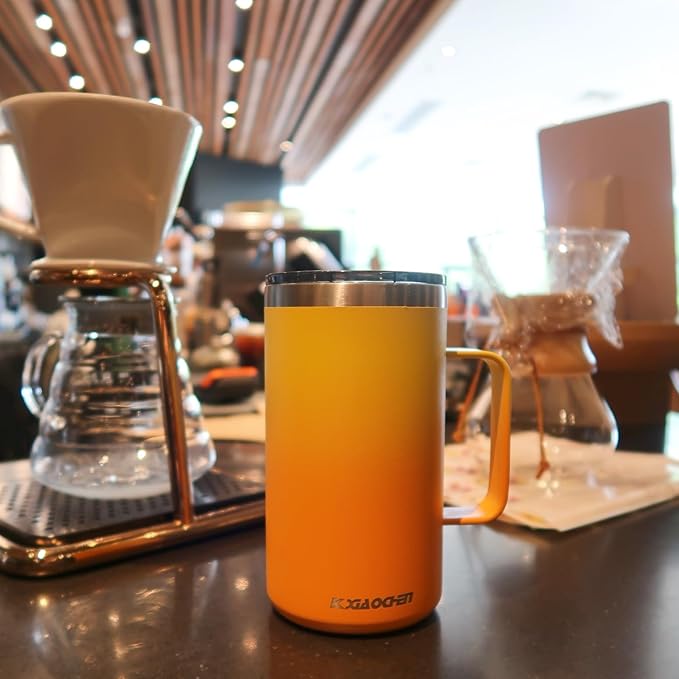 KXIAOCHEN 20oz Insulated Coffee Mug with Lid, Stainless Steel Coffee Cup, Double Wall Vacuum Coffee Tumbler with Handle, Premium Thermal Travel Coffee Mug (Mango Yellow)