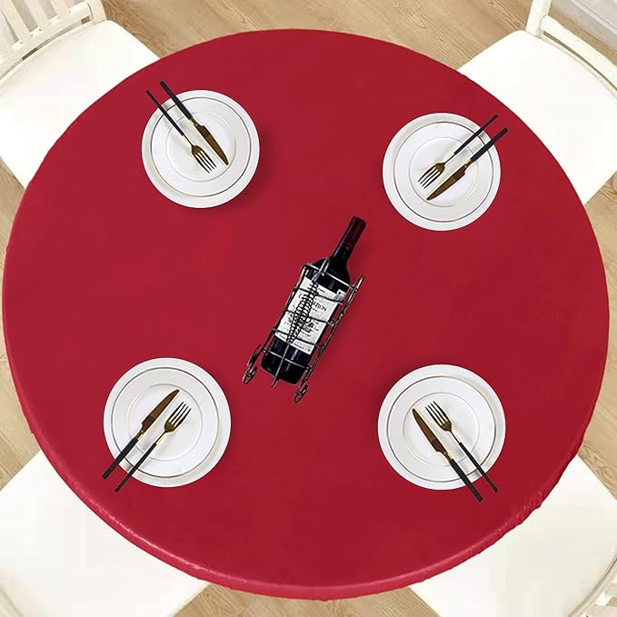 LUSHVIDA Round Waterproof Table Cover Elastic Vinyl Fitted Tablecloth Elastic Edged Plastic Table Cloth (Red, Best for Up to 45"-56" Round)
