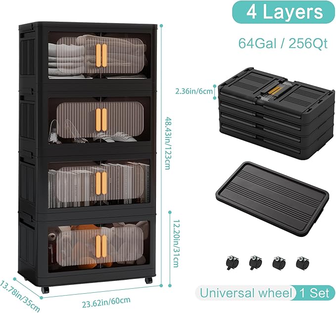 Holaki 256 QT Storage Bins with Lid, 4 Tiers Collapsible Closet Organizers, Stackable Plastic Storage Bins Cabinet with Wheels and Magnetic Door(Black Larger)