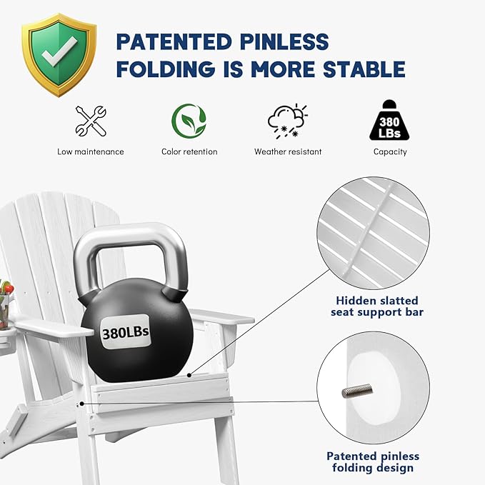 Folding Adirondack Chair, SGS Tested, Wooden Textured with Cup Holder, Heavy All-Weather HDPE Comfortable Set Poolside Backyard Lawn White Set 2