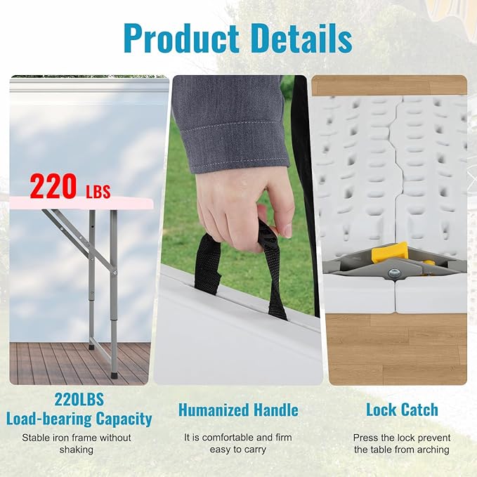 PayLessHere | 4FT Folding Table | Portable Plastic Table with Carry Handle | Waterproof & Foldable Table Design | Steel Frame with Lock | White | for Events, Camping, Indoor & Outdoor Use