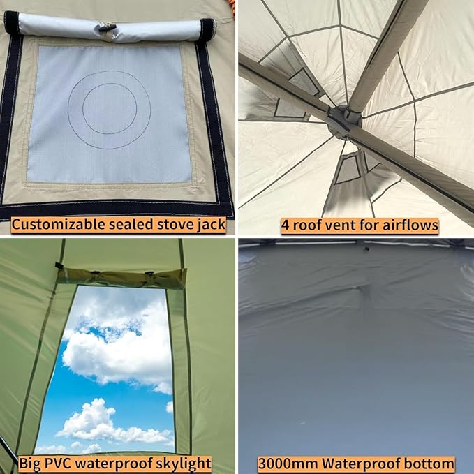 DANCHEL OUTDOOR B2I Inflatable Camping Tent 9.8ft, No Center Pole Lightweight Blow Up Bell Tent with Stove Jack, Skylight, Pump, Waterproof 300D Oxford Glamping Yurt for 1-3 Person Family