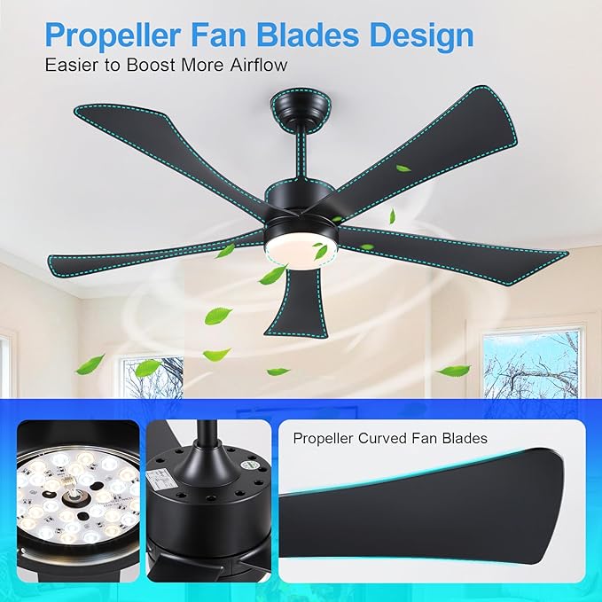 Ceiling Fans with Lights with Remote, Downrod, Bedroom Living Room (Black, 52 inch)