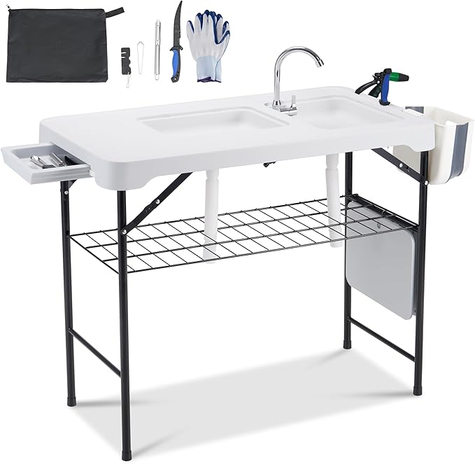 AHB 42'' Outdoor Fish Cleaning Table Portable Camping Sink Station with Double Sinks, Collapsible Swivel Faucet, Picnic Sink Table with 6pc Fish Cleaning Kit for Picnic Beach Patio