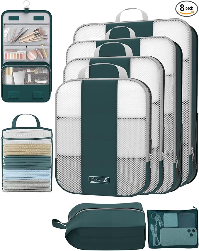 8 Set Compression Packing Cubes for Travel Essentials,Compressible Expandable Packing Cubes for Suitcase,OlarHike Luggage Organizer Bags for Travel,Handy Helper for Organizing Clothes(Dark Blue Green)