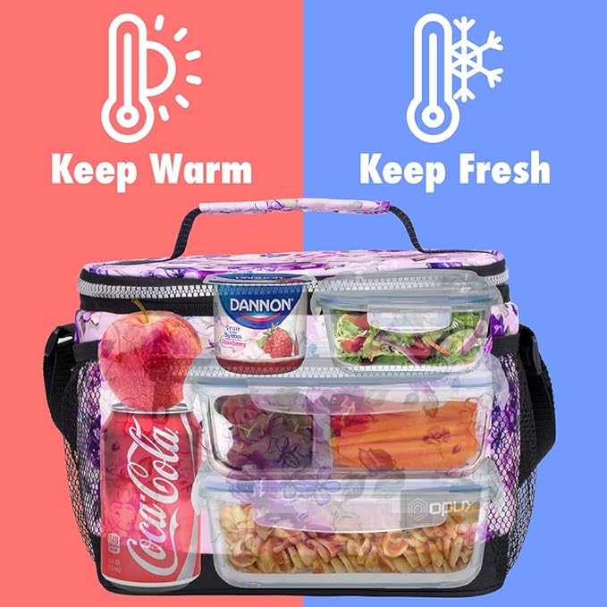 opux Insulated Lunch Box Men Women, Lunch Bag for Work School, Leakproof Soft Cooler Tote Adult, Large Lunch Pail Kids Boys Girls, Picnic Beach Food Bag with Shoulder Strap, Purple Floral