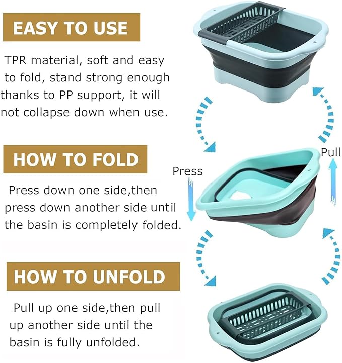 2.77 Gallon (10.5L) Collapsible Dish Basin with Drain Plug, Outdoor Multiuse Foldable Sink Tub, Dishpan, Wash Basin, Portable Kitchen Storage Tray for Camping, RV, Beverage Bucket (Yellow)