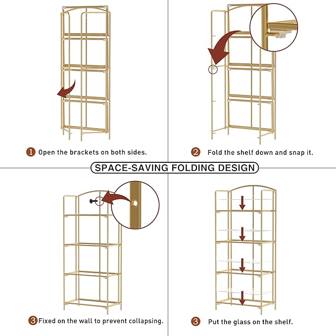 Crofy No Assembly Folding Bookshelf for Living Room, 4 Tier Gold Collapsible Book Shelf for Home Office, Portable Bookcase Storage Organizer