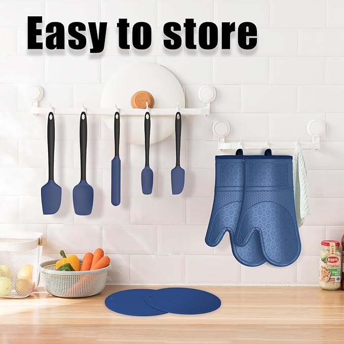 Oven Mitts with Heat-Resistant Hot Pads and Five Silicone Spatulas Designed for Kitchen Baking Cooking, Oven Glove Soft Cotton Lining, Waterproof, BPA-Free (Dark Blue, 12.6)