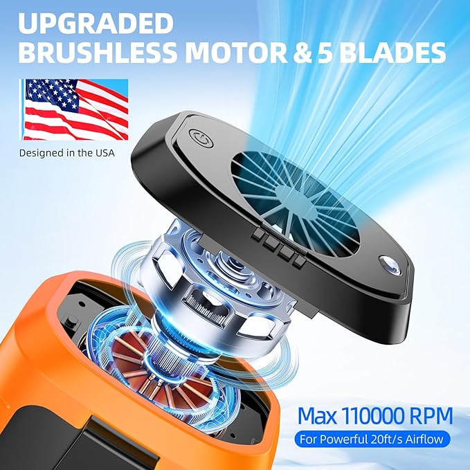 Zeadio Waist Clip Fan, 3 Spreed 10000mAh Operated Hands-free Wearable Necklace Fan, with lighting function for Hot Flashes Home Office Travel Outdoor Sports - Orange