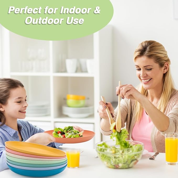 10 Inch Wheat Straw Dinner Plates Set of 8, Unbreakable Plastic Reusable Plates for Kitchen, Camping, Lightweight Deep Dinnerware Plate Set, Dishwasher and Microwave Safe Plates, Non-Toxic, BPA Free