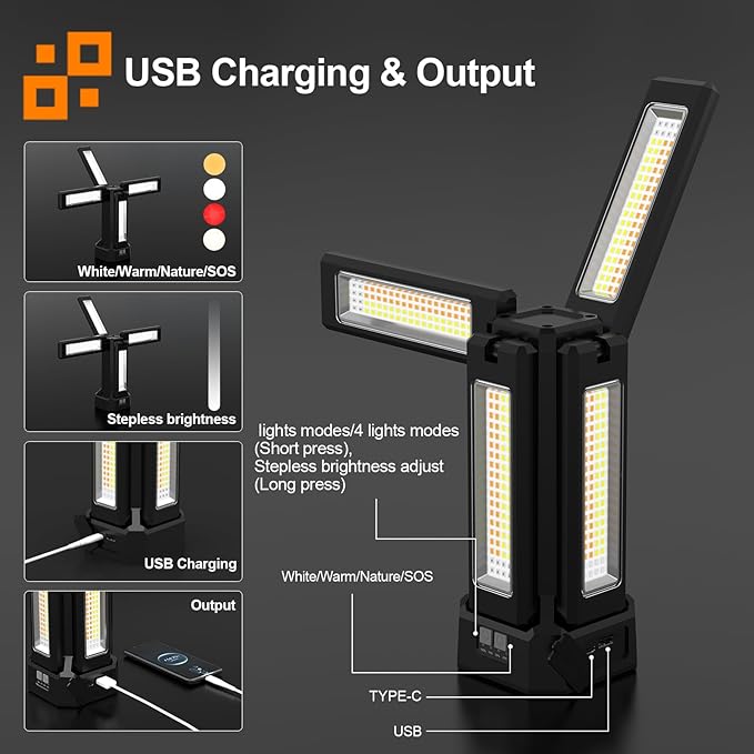 13200mAh Rechargeable Solar Work Light IP64 Waterproof with Folding Stand and Carrying Bag, AODOO 8000 Lumen Cordless Camping Light, White/Warm/Nature White/RED/SOS