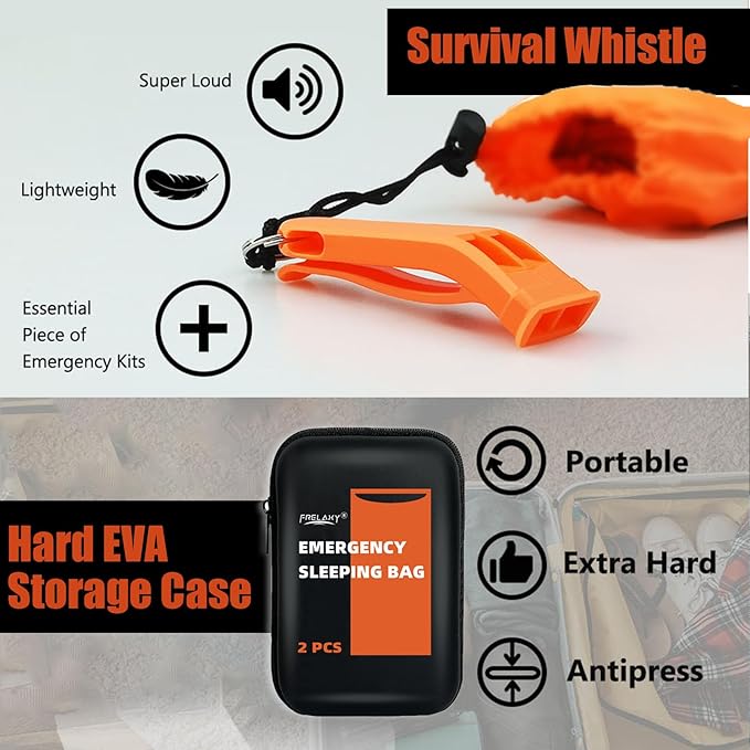 Frelaxy Emergency Sleeping Bag 1-Pack/2-Pack, Extra-Thick Compact Survival Bivy with Whistle, Storage Pouch, and EVA case, Perfect for Survival Kits (Orange - 2 Pack)