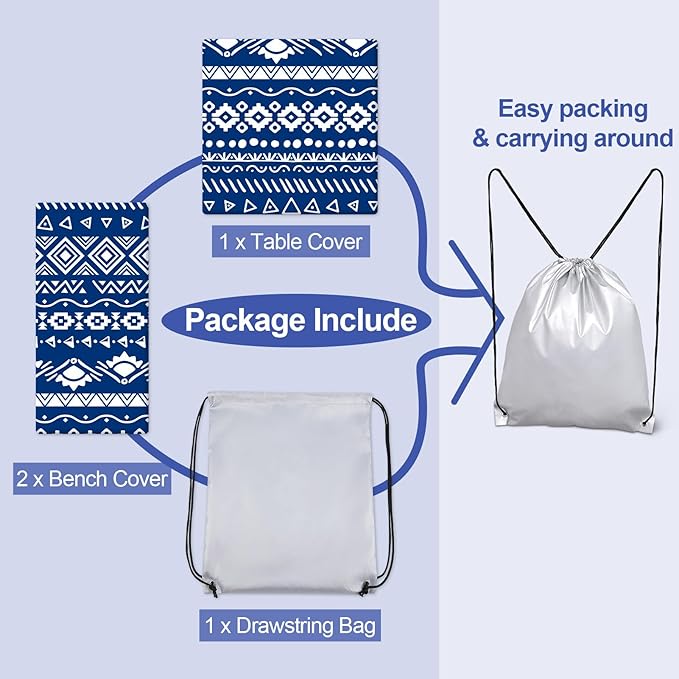 Picnic Table Cover with Bench Covers Camping Essentials Waterproof Windproof Camping Tablecloth with Drawstring Bag, Fitted Rectangle Tables and Seats, 72in, Bohemian Navy Blue