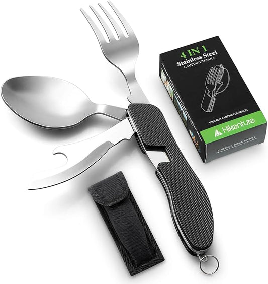 Camping Utensil HIKENTURE 4-In-1 Stainless Steel Fork Knife Spoon Bottle Opener Set with Storage Case (Black)