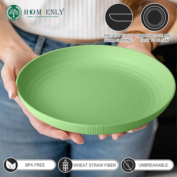 Homienly Wheat Straw Plates,Lightweight Unbreakable Dinner Plates Set 9 inch,Service for 8, Alternative to Plastic Plates Reusable,Microwave and Dishwasher Safe Plate Set for Salad,Dinner(Light Green)