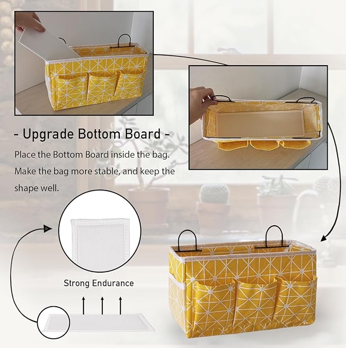 2pcs 3-pockets Large Wall Hanging Organizer Bag, Linen Fabric Door Hanging Storage Baskets with Pockets, Waterproof Bin for Kitchen, Bedroom, Office, RV Camper (Yellow_2pcs)