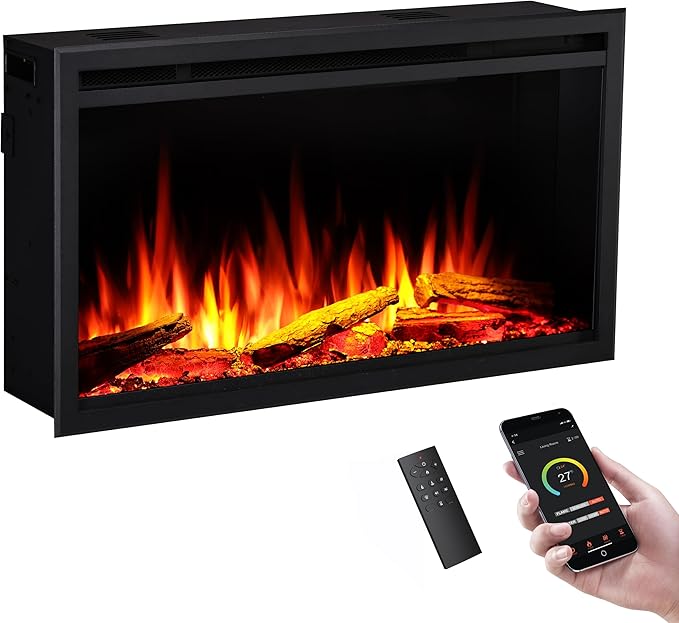 LegendFlame 33" W Smart Wall Mount & in Wall Recessed Electric Fireplace Insert, Heater 750W/1500W, Multi Colors of Flame & Fuel Bed, Alexa/Google Assistant Enabled