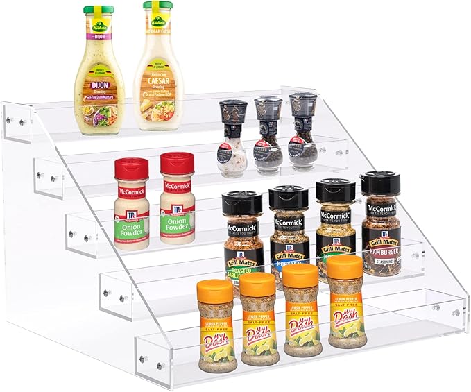 PMMASTO Tiered Spice Rack, Seasoning Organizer, Clear Acrylic Vertical Shelves Can Organizer for Countertop, Cabinet, Pantry, Kitchen Organization and Storage - 5 Tier