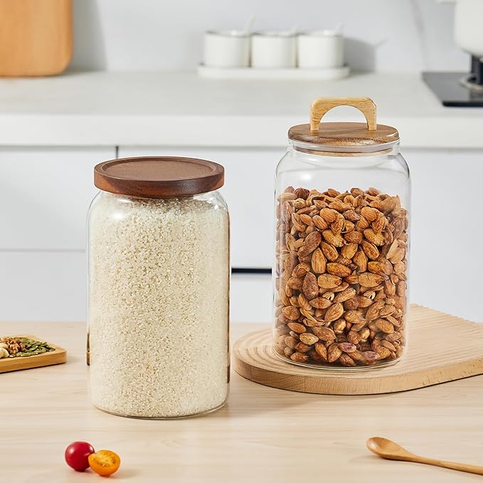 Sweejar Large Glass Candy Jars with Wooden Lids, 1 Gallon Glass Jar with Lid, Sugar/Flour Storage Containers, Big Glass Canisters with Airtight Lid, 1 Pack, Hand Lid