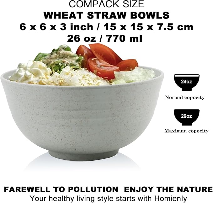 Homienly Cereal Bowl Set, Wheat Straw Fiber Unbreakable Lightweight Bowls Set (Grey Stone, 26 OZ)
