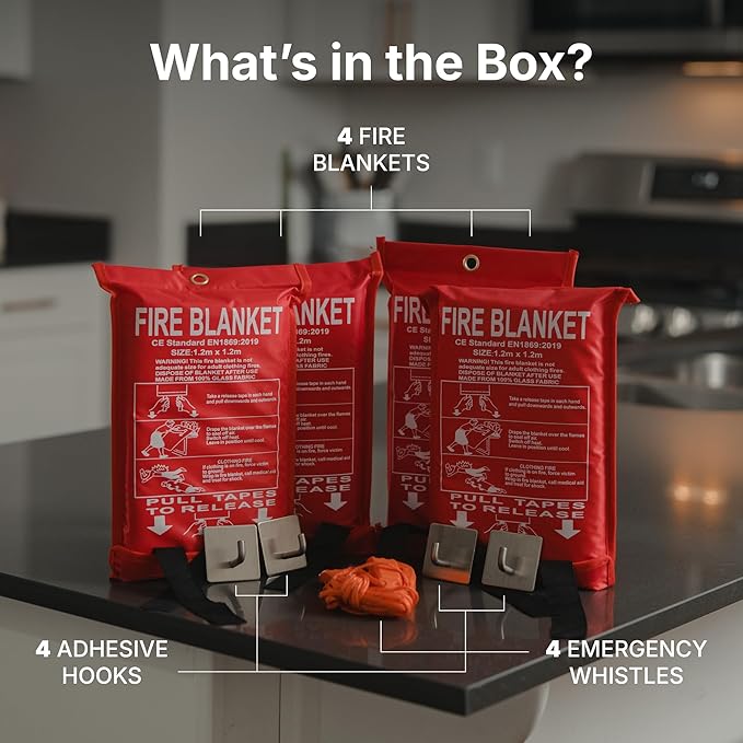 ELDAR 4-Pack Fire Blanket - X-Large Fiberglass Fireblanket for Kitchen, Home Emergency