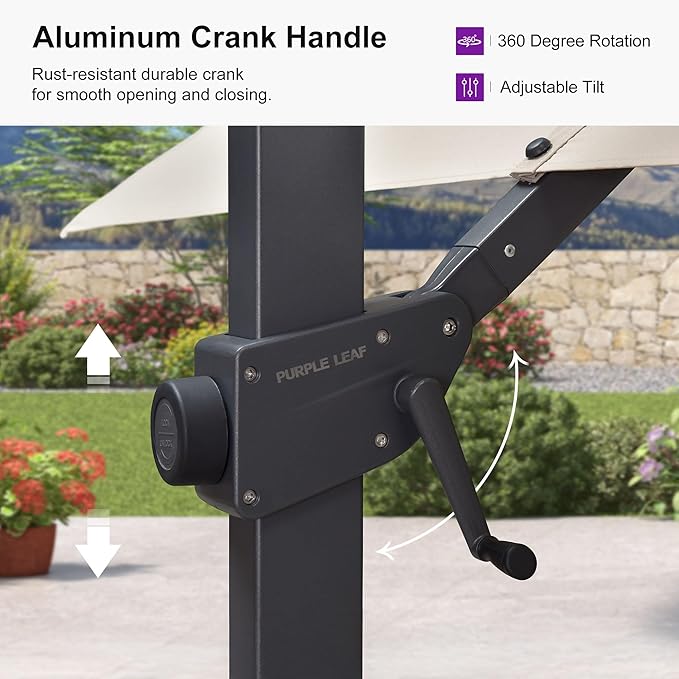 PURPLE LEAF 10' × 10' Patio Cantilever Umbrella with Base Outdoor Square Adjustable Offset Umbrellas with 360-degree Rotation and 8 Heavy Duty Metal Ribs for Garden Deck Pool Beige