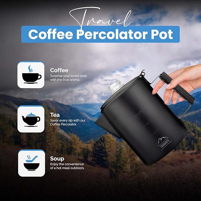 Toughty Yosemite Percolator Coffee Pot – Classic Coffee Percolator Stovetop for Camping & Home – Durable Stainless Steel - Gas, Electric & Induction Stoves – Old-Fashioned Cowboy-Style Pot – 9 Cups