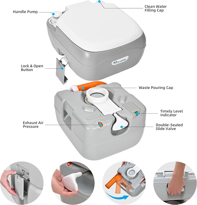 YITAHOME Portable Toilet 5.8 Gallon, Travel RV Potty with Level Indicator, T-Type Water Outlets, Anti-Leak Handle Water Pump, Rotating Spout, for Camping, Boating, Hiking, Trips