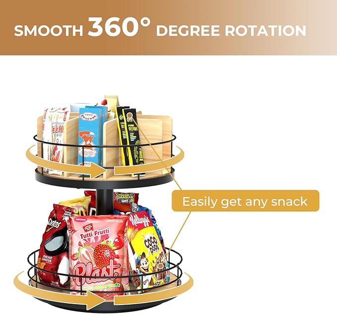 Snack Organizer - Versatile Snack Storage 2 Tier Lazy Susan with Convenient Grab-and-Go Design, Wood and Metal Snack Holder for Home, Office, Breakroom, 12.13" L x 12.13" W x 12.56" H