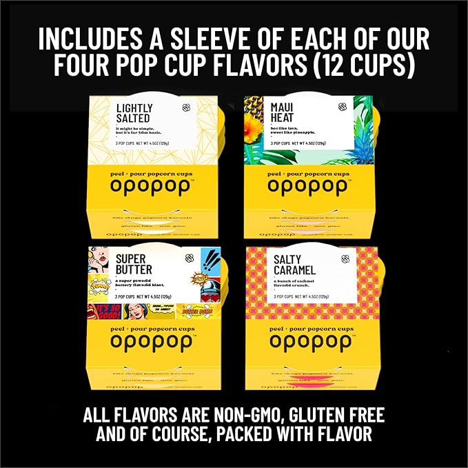 Opopop Gourmet Popcorn Gift Set - Variety 12-Pack Microwave Popcorn Kit, Collapsible Silicone Popcorn Popper, Gift Ready Packaging, Gluten Free Snacks Variety Pack, BPA-Free and Dishwasher Safe