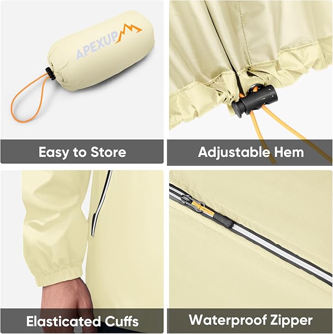 APEXUP Packable Rain Jacket Men with Reflective Zipper, Lightweight Waterproof Raincoat, Mens Rain Jacket for Outdoor Sports