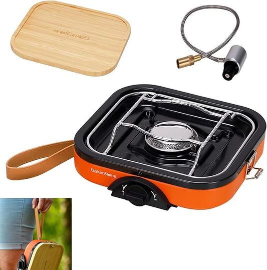 BakerStone Camping Stove, Outdoor Portable Propane Gas Stove with 8000 BTU, Single Burner Camp Stove with Cooking Grate, Wooden Tray, Inlet Gas Regulator and Pipe