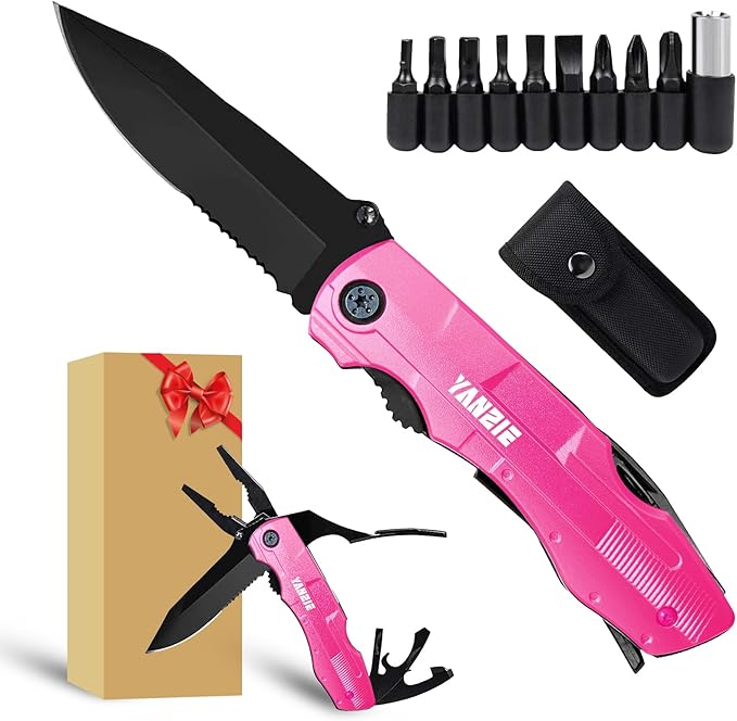 Multitool Pocket Knife with Switch Blades, Can Opener, Wire Cutter, Plier Screwdrivers, Fishing Knife for Camping Hunting, Chrismas/Birthday Gifts for Men/Dad/Kids (Pink)