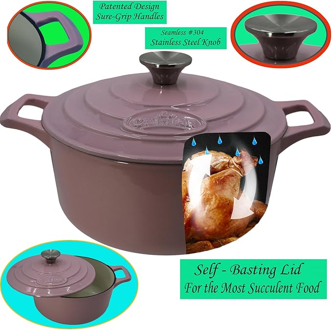 La Cuisine Enameled Cast Iron Dutch Oven Casserole Dish Pot with Lid, 3.7 QT 9.5" /24cm Dia. Cream White Enamel Coating Interior, Pink Enamel Coating Exterior, Oven-Safe up to 500° F