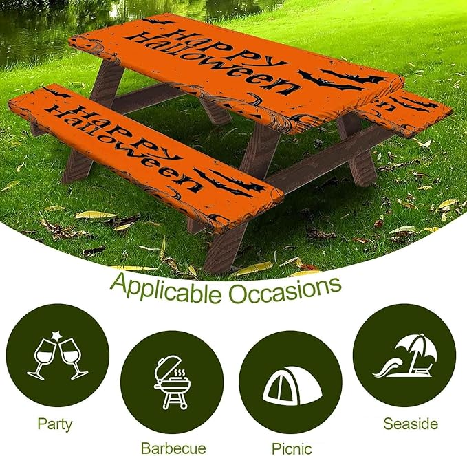 CAPSCEOLL Elastic Picnic Table Cover with Bench Covers 5Ft Waterproof Fitted Picnic Table Cover Cloths for Outdoors Camping Tablecloth with Drawstring Bag, 60X30in, Happy Halloween