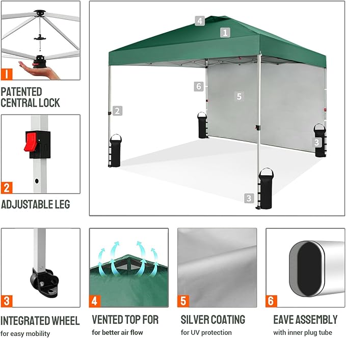 CROWN SHADES 10x10 Pop Up Canopy with 1 Side Wall - Beach Tent with One Push Setup - Outdoor Sun Shade for Events, Parties, Camping - Gazebo with STO-N-Go Cover Bag (Forest Green)
