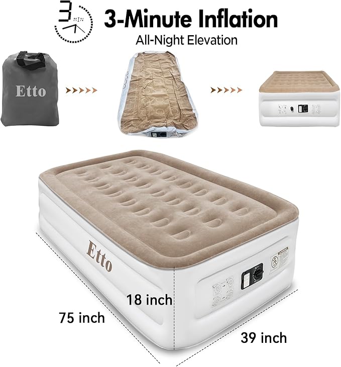 Twin Air Mattress with Built-in Pump, 18 Inch High Inflatable Bed for Camping, Guests & Home – Raised Blow Up Mattress with Storage Bag, Quick Inflation & Deflation, Extra Thick & Waterproof