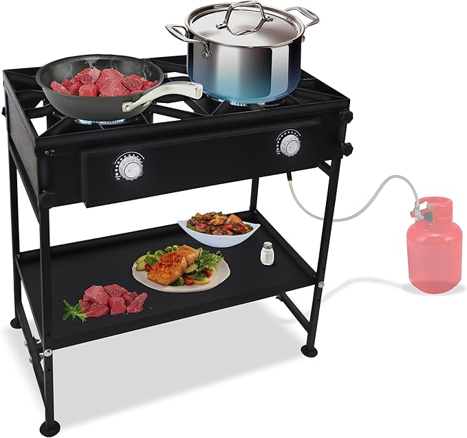 Double Burner Propane Stove Outdoor - 150,000 High btu 2 Burner Outdoor Stove W/Detachable legs & Bottom Shelf Double Propane Burners for Outdoor Cooking W/CSA-Approved 0-20 PSI Regulator & Hose