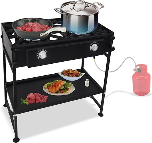 Double Burner Propane Stove Outdoor - 150,000 High btu 2 Burner Outdoor Stove W/Detachable legs & Bottom Shelf Double Propane Burners for Outdoor Cooking W/CSA-Approved 0-20 PSI Regulator & Hose