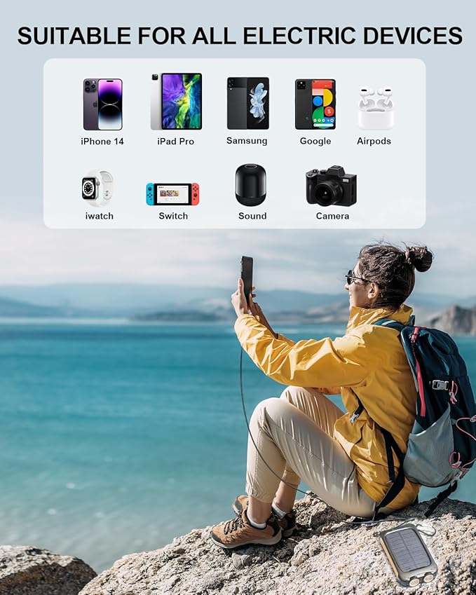 Solar Charger Power Bank 20000mAh, Portable Charger External Battery Pack 5V/3A Type C Input Output Dual Built-in Bright Flashlights, Outdoor Battery Pack for Cell Phones, Camping, Hiking, Emergency