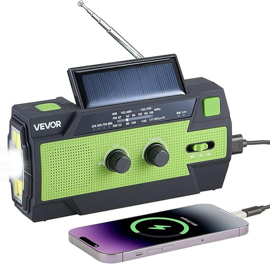 VEVOR Emergency Weather Radio, 4000mAh Battery, FM/AM/WB/NOAA Alert Solar Hand Crank Emergency Radio, with USB Charging Cable, SOS Alarm and Flashlight, Portable for Outdoor Emergencies, Camping