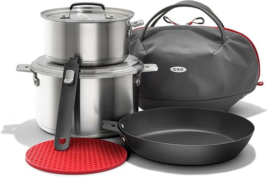 OXO Outdoor 8 Piece Camping Cookware Set, 10" Pre-Seasoned Carbon Steel Frying Pan Skillet, 2.25QT and 5QT Stainless Steel Saucepans with Lids, Removeable Handle, Trivet, Travel Bag, Space-Saving