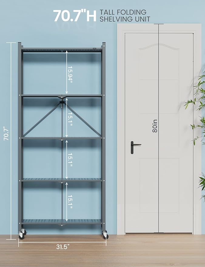 ALANNG 70.7" H Metal Storage Shelves, 5 Tier Folding Shelf on Wheels, Heavy Duty, No Assembly, Rolling, Collapsible Rack Unit for Kitchen, Basement, Pantry (Gray,2 Pack)
