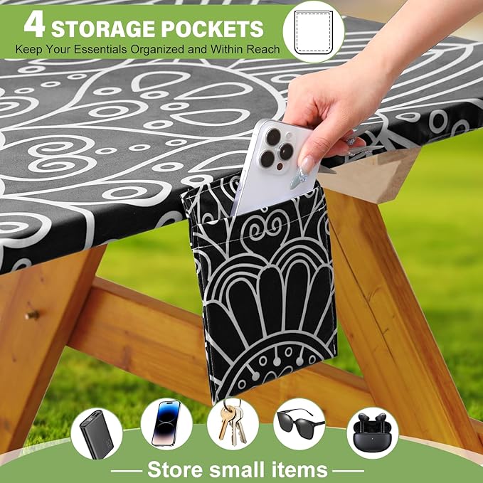 Picnic Table Cover with Bench Covers Vinyl Elastic Edges Fitted Rectangle Tables Seat Waterproof 3-Piece 96X30in Set Outdoor Rectangular Folding Backing Tablecloth Camping Over Size BlackMandala