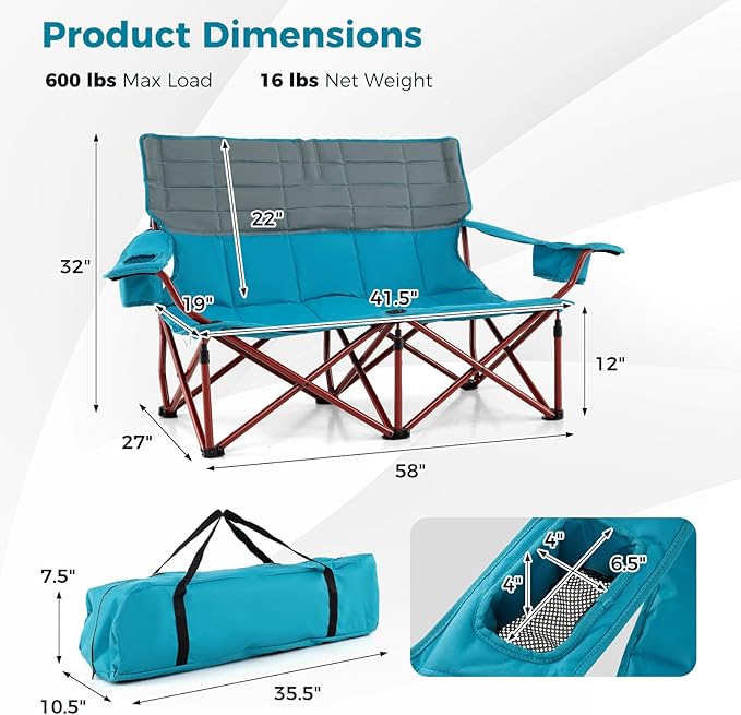 Tangkula 2 Person Oversized Camping Chair, Fully Padded Folding Loveseat Camp Chair with Adjustable Armrests, Cup Holders, Carrying Bag, Portable Double Outdoor Lawn Chair for Camping