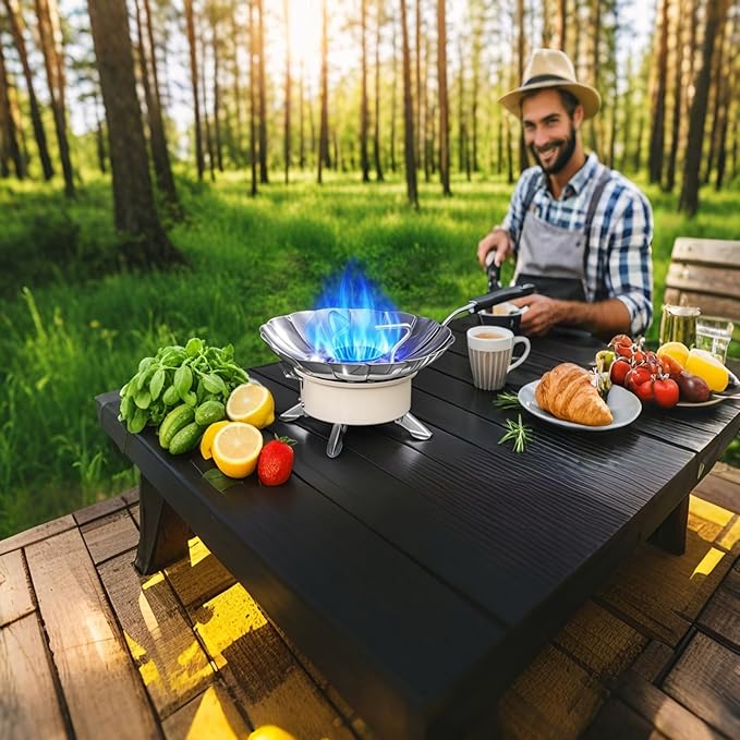 Windproof Camping Stove with Piezo Ignition, Portable Gas Stove for Camping, Backpacking Camp Stove for Outdoor Cooking, Folding Lotus Windshield, Small Adjustable Burner for BBQ, Hiking, Picnic