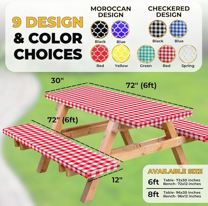 RNOONY Vinyl Fitted Picnic Table Cover with Bench Covers and Bag, 6ft Outdoor Waterproof Picnic Tablecloth with Elastic Edges, 72x30 Inches 3 Pcs Set (Red Checkered)