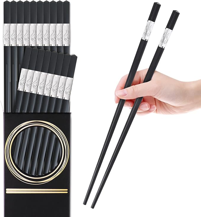 10 Pairs Fiberglass Chopsticks, GLAMFIELDS Reusable Chop sticks Dishwasher Safe, Non-slip, 9 1/2 inch (Silver)